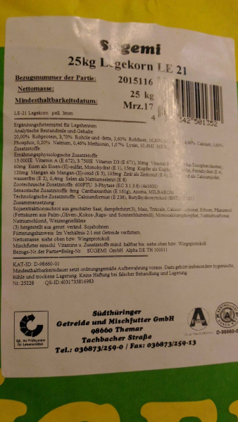 25kg SÜGEMI Legekorn LE 21 Pelletiert 3mm für Hühner